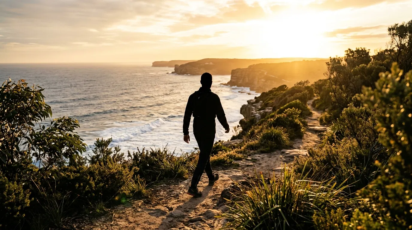 Anonymous man walking on a coastal trail - men's wellness lifestyle for men over 50